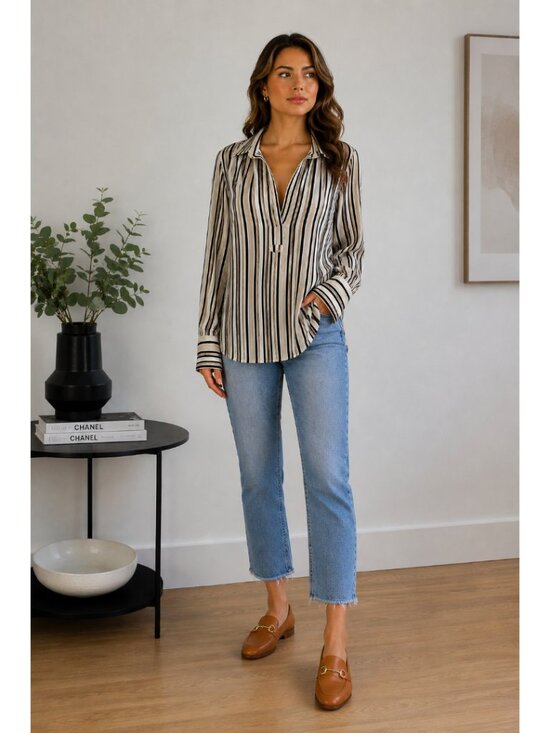 Banana Republic Tops - Banana‎ Republic Large Striped Faux Satin Blouse Cream & Black Vertical Stripes